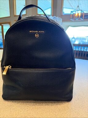 Michael Kors Black Pebbled Leather Backpack with Gold Accents